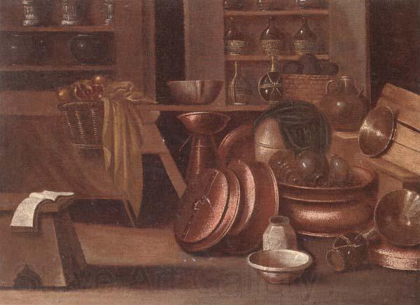 unknow artist A Kitchen still life of utensils and fruit in a basket,shelves with wine caskets beyond Germany oil painting art